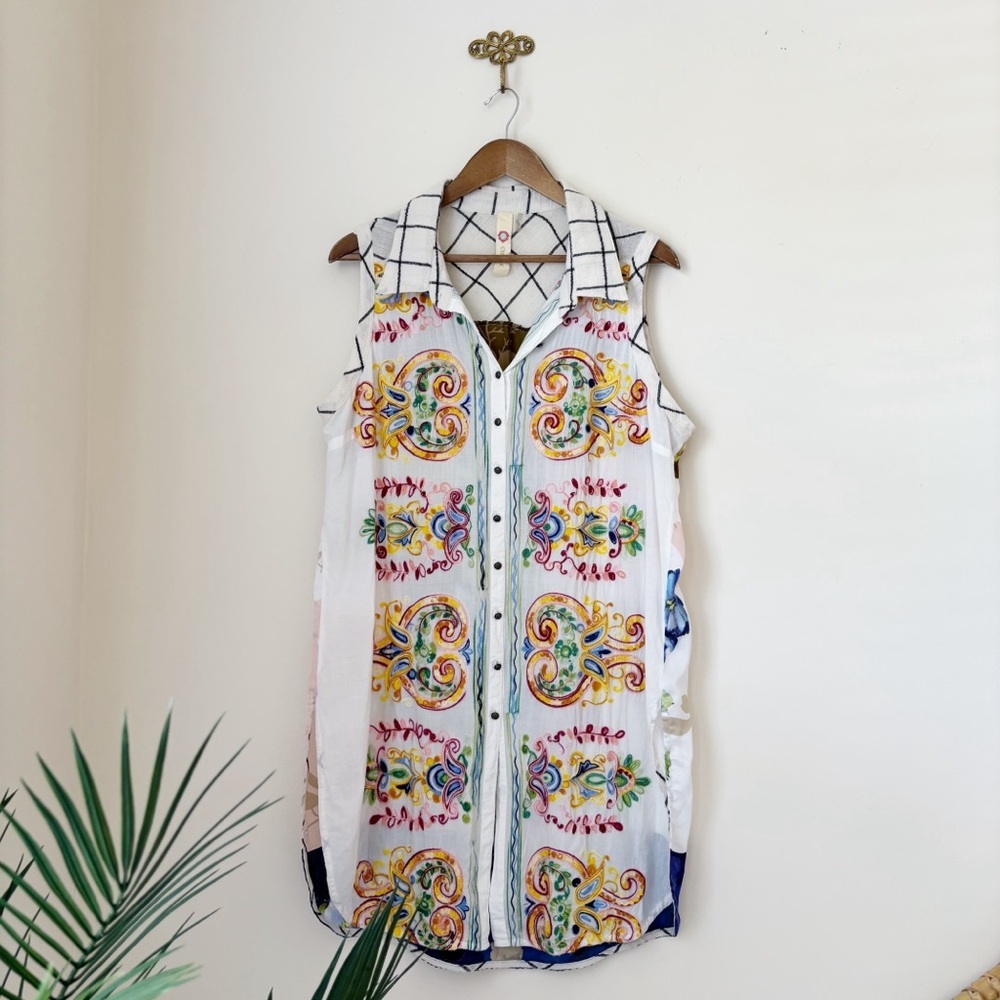 Cyrena Embroidered Paisley Sleeveless Shirt Dress XL Boho Summer